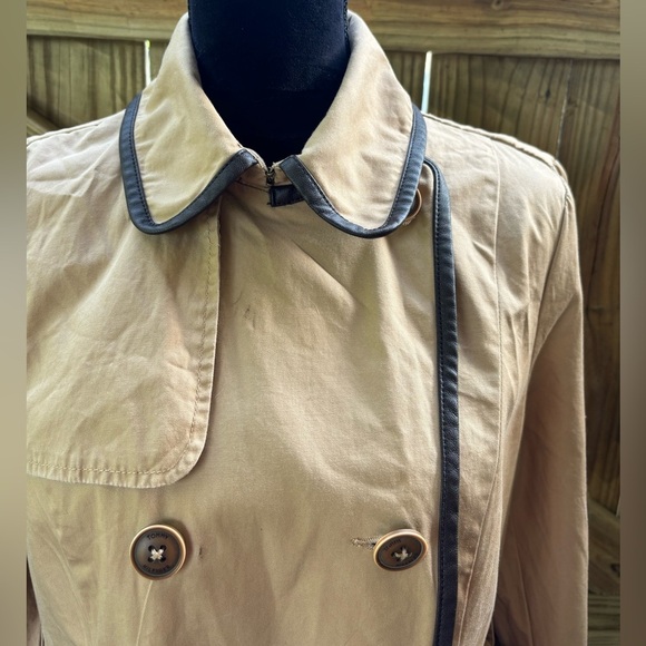 Tommy Hilfiger Tan Double Breasted Cotton Trench Coat with Faux Leather Trim L - Picture 10 of 14